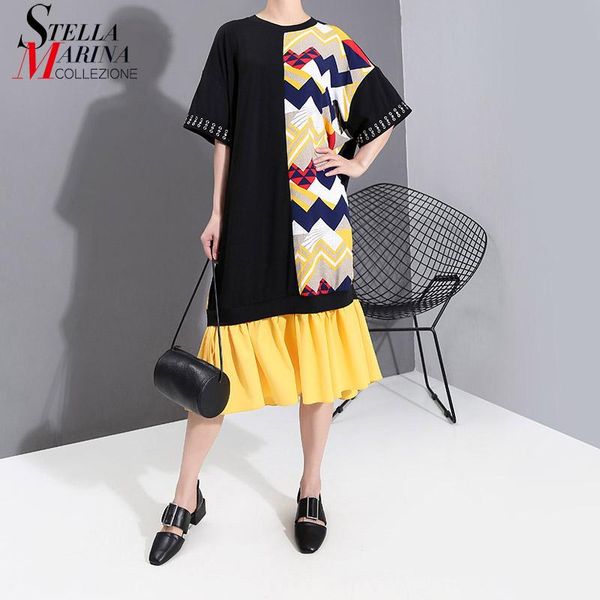 new 2020 korean style women summer fashion black dress sleeve with metal hole geometric printed ladies plus size midi dress 6146, Black;gray